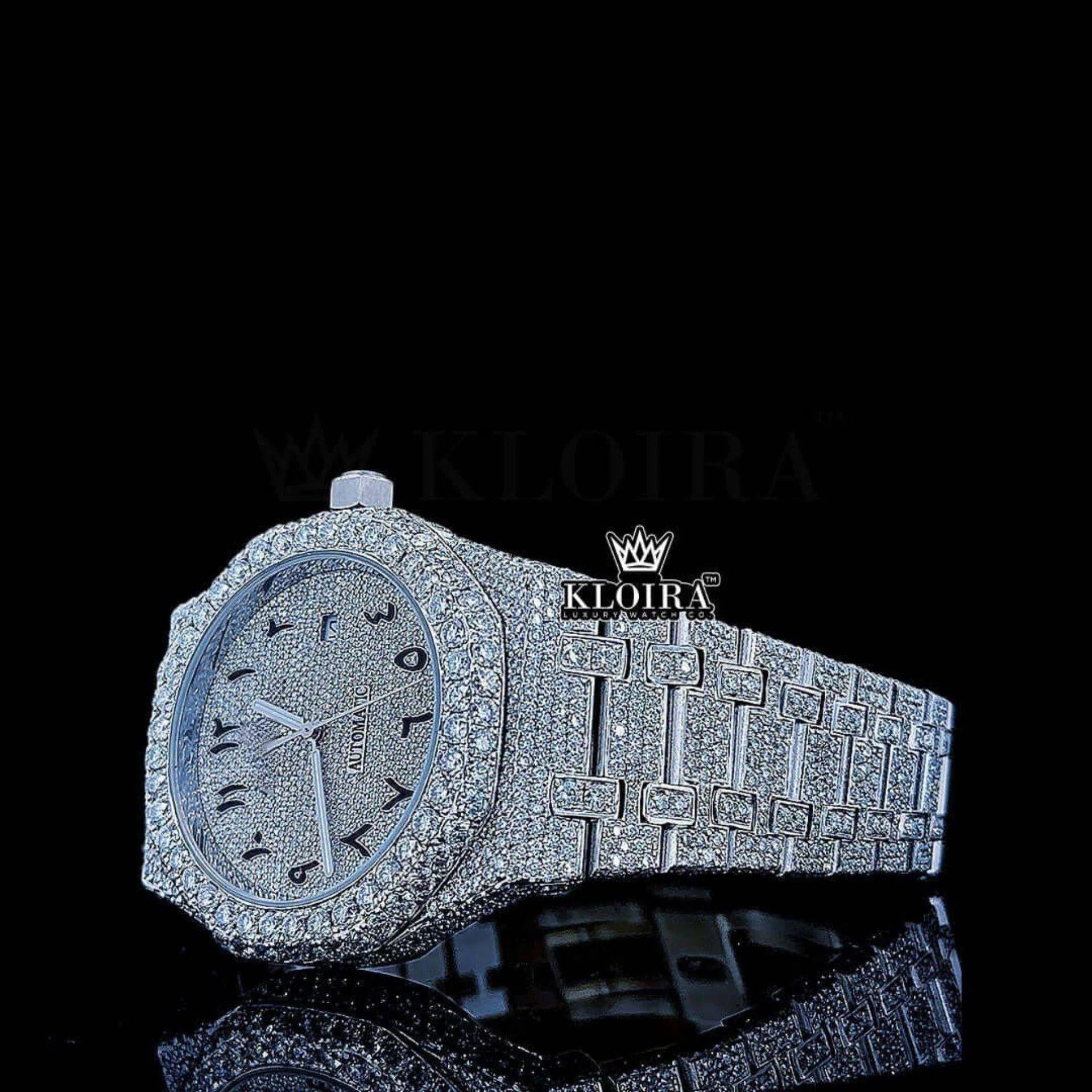 Black Arabic Numerals White Dial Full Iced Out Moissanite Diamond Watch Close Up Front View