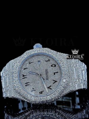 Black Arabic Numerals White Dial Full Iced Out Moissanite Diamond Watch
