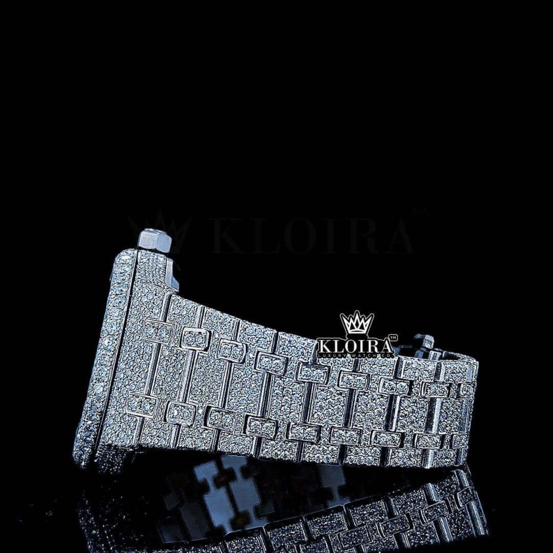 Black Arabic Numerals White Dial Full Iced Out Moissanite Diamond Watch Left Side View