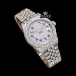 Black Arabic Numerals White Gold Iced Out Moissanite Diamond Watch Close Up Dial View