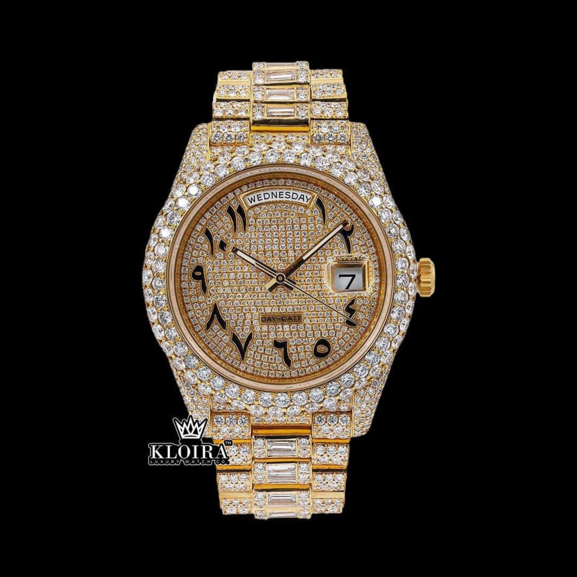 Black Arabic Numerals Yellow Dial Bust Down Moissanite Diamond Watch Front View