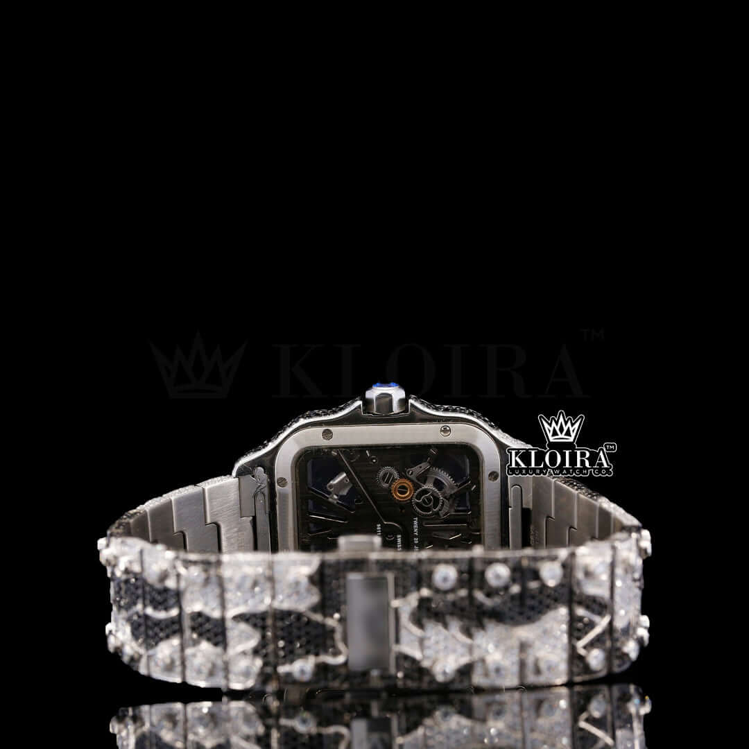 Black Camouflage Strap Skeleton Dial Two Tone Moissanite Watch Caseback View
