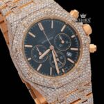 Black Chronograph Dial Fully Iced Out Rose Gold Lab Grown Diamond Watch Close Up Dial View