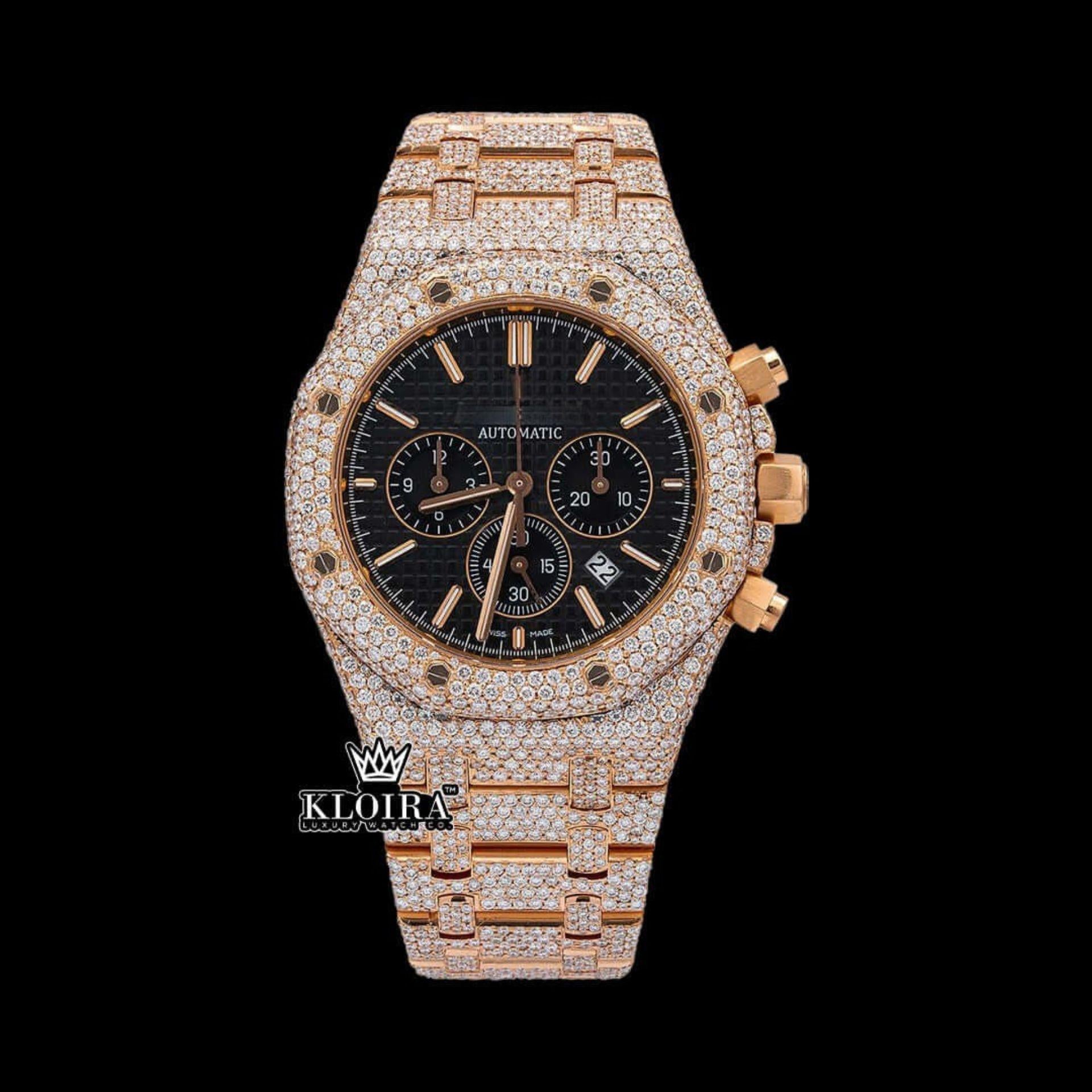 Black Chronograph Dial Fully Iced Out Rose Gold Lab Grown Diamond Watch Front View