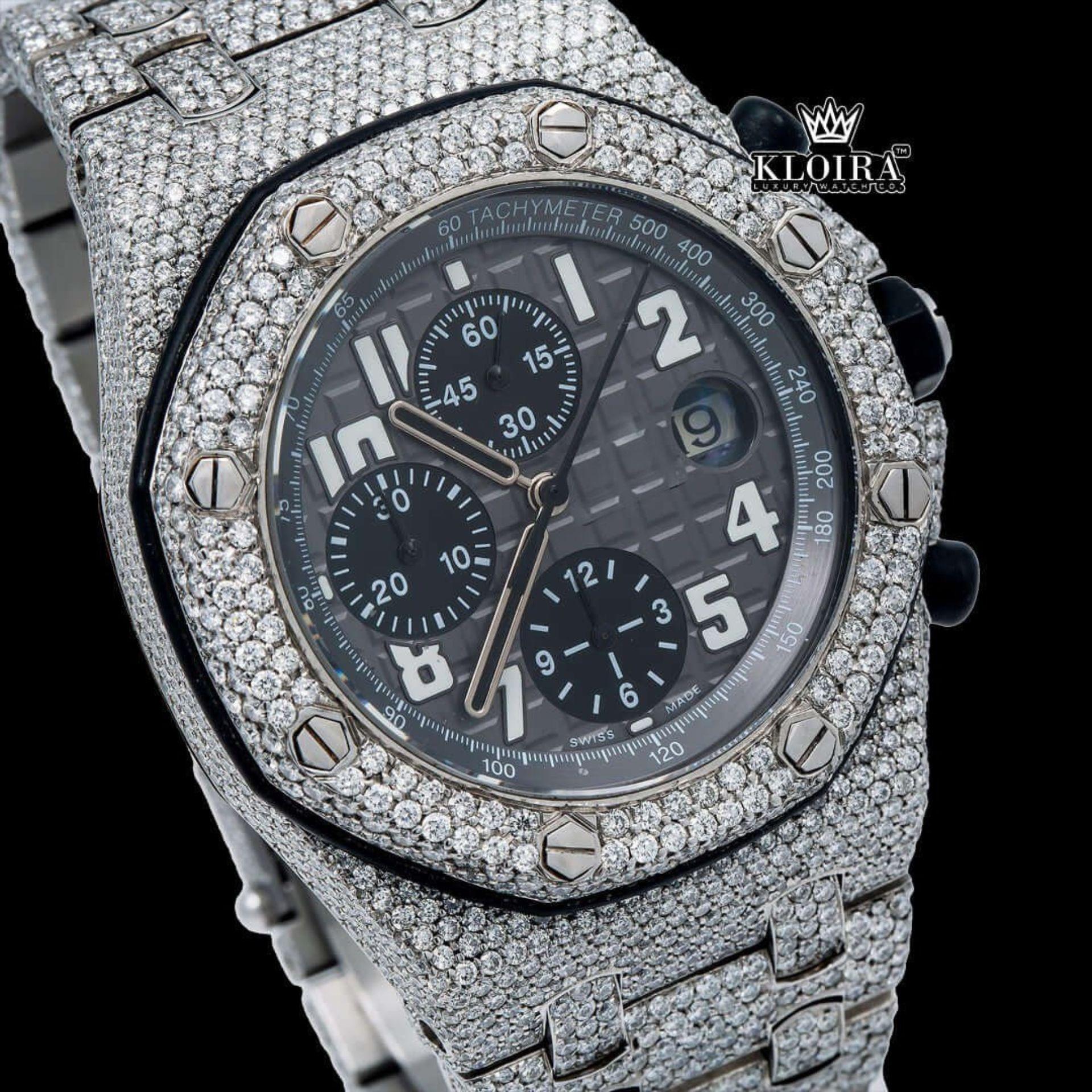 Black Dia Standard Numerals Chronograph Iced Out Moissanite Watch Close Up Dial View