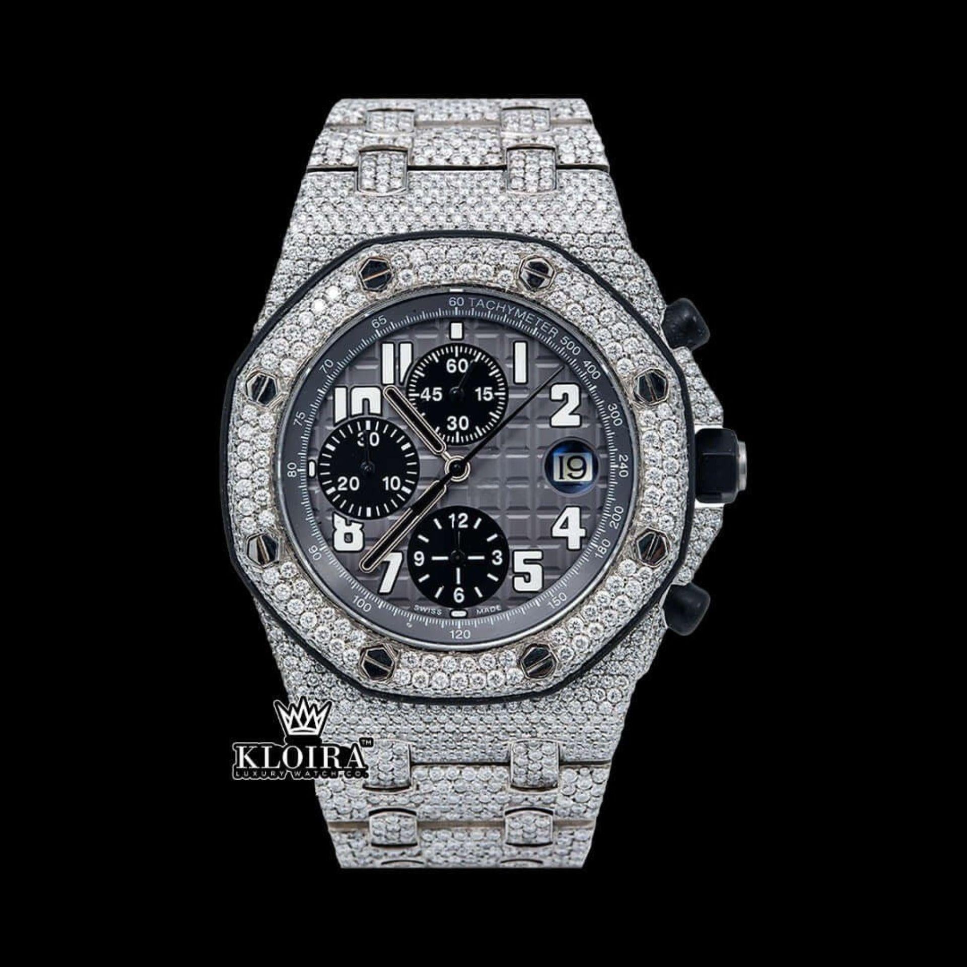 Black Dia Standard Numerals Chronograph Iced Out Moissanite Watch Front View