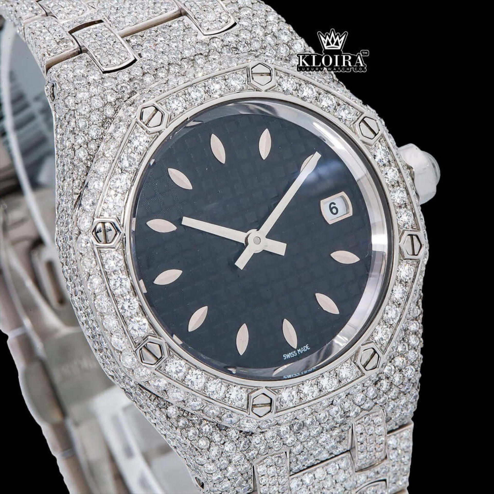 Black Dial AP Fully Iced Out Moissanite Diamond Watch Close Up Dial View