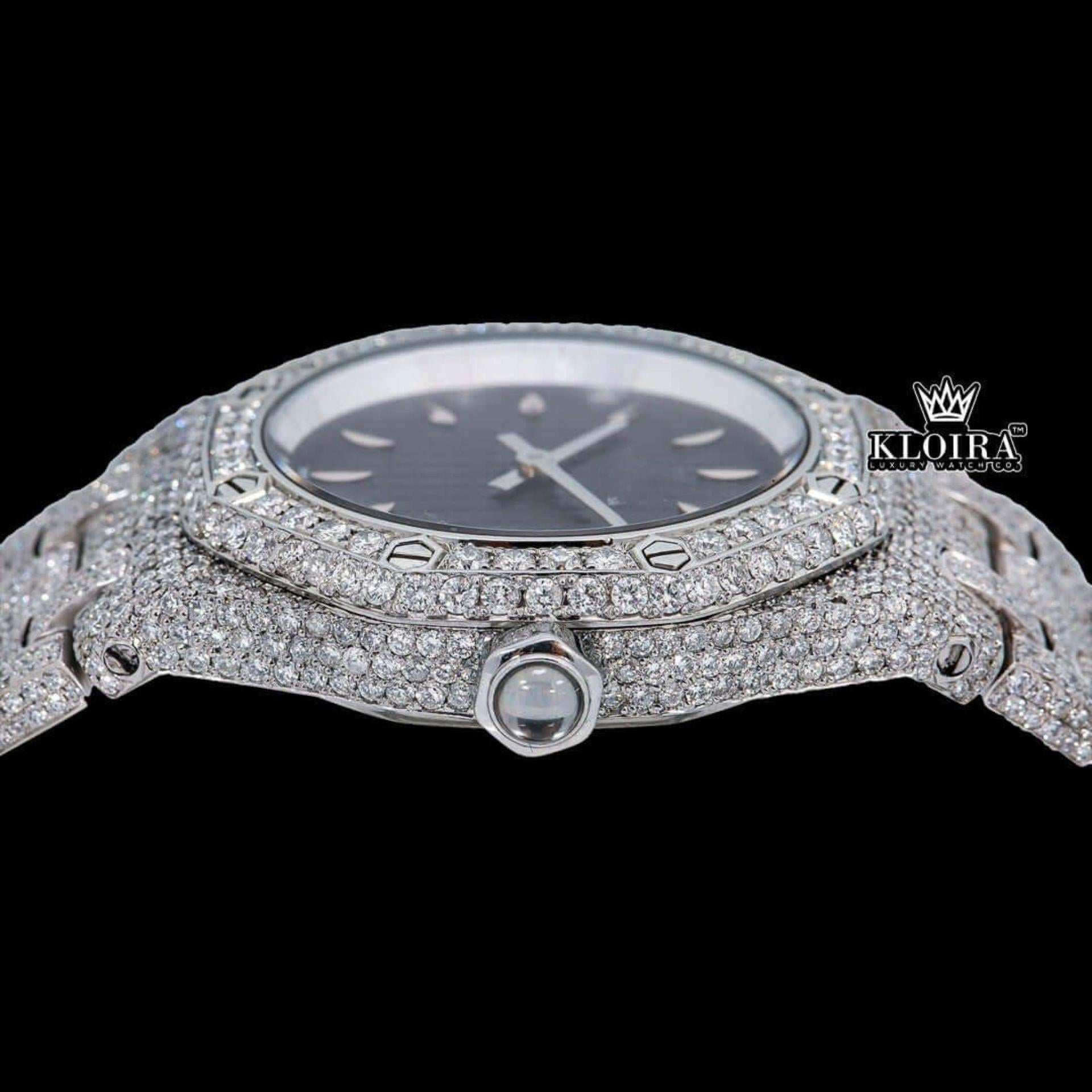 Black Dial AP Fully Iced Out Moissanite Diamond Watch Crown View