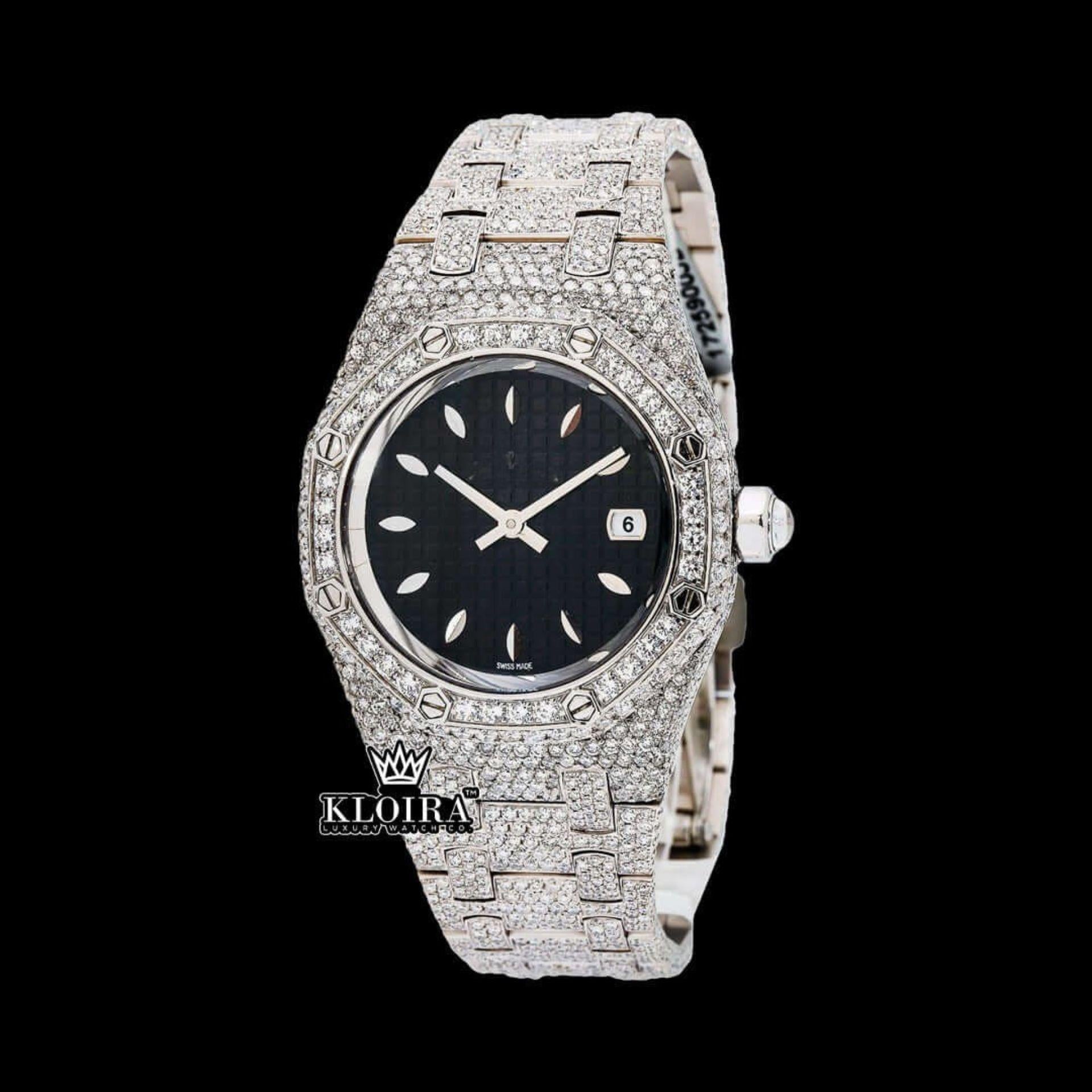 Black Dial AP Fully Iced Out Moissanite Diamond Watch Front View