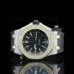 Black Dial AP White Stick Markers Semi Iced Out Moissanite Watch