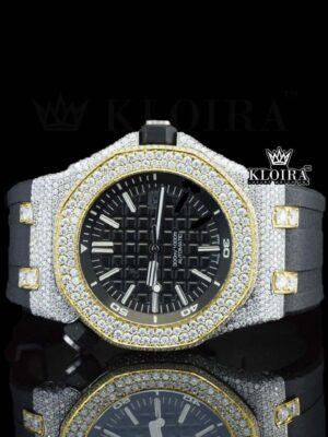Black Dial AP White Stick Markers Semi Iced Out Moissanite Watch