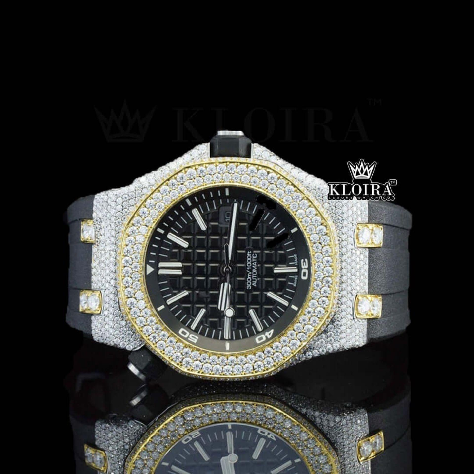 Black Dial AP White Stick Markers Semi Iced Out Moissanite Watch Front View