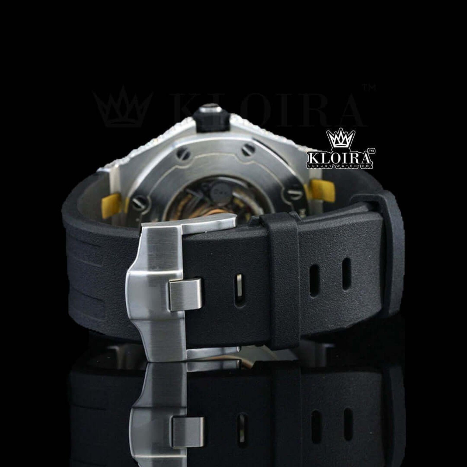 Black Dial AP White Stick Markers Semi Iced Out Moissanite Watch Strap View