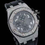 Black Dial Black Rubber Strap Semi Iced Out Moissanite Watch Close Up Dial View