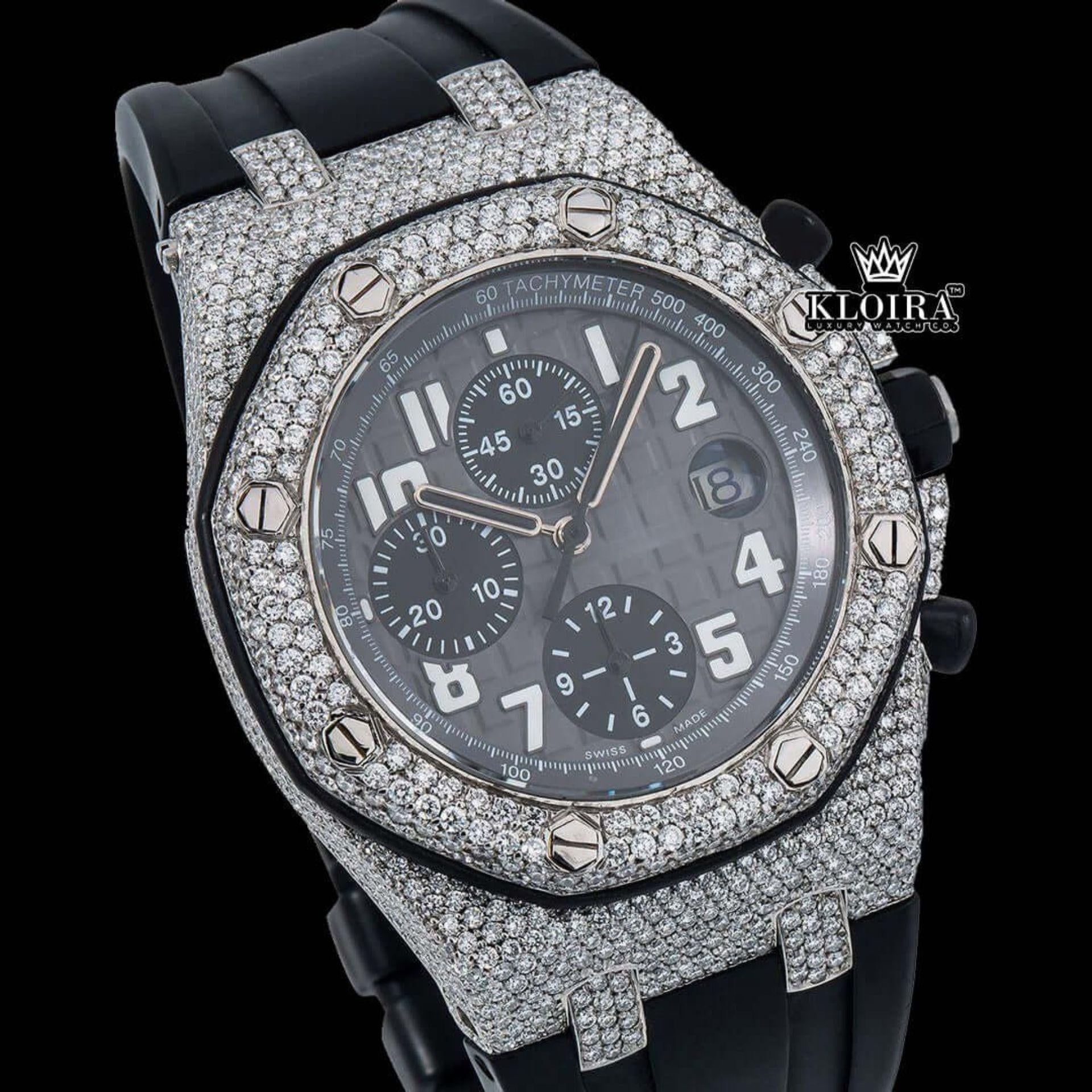 Black Dial Black Rubber Strap Semi Iced Out Moissanite Watch Close Up Dial View