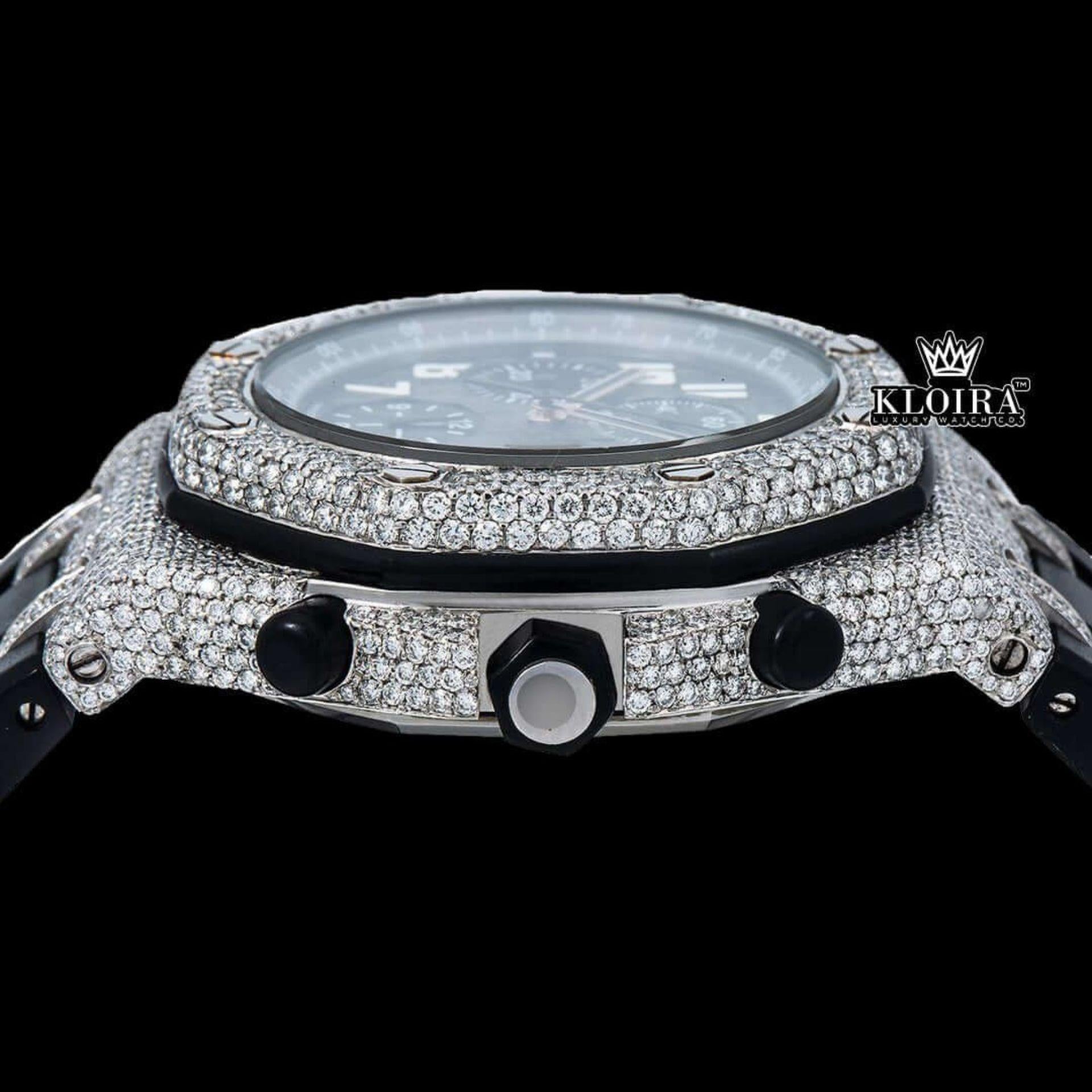 Black Dial Black Rubber Strap Semi Iced Out Moissanite Watch Crown View