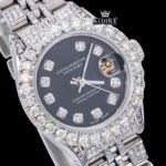 Black Dial Date Display Fully Iced Out Moissanite Diamond Watch Close Up Dial View