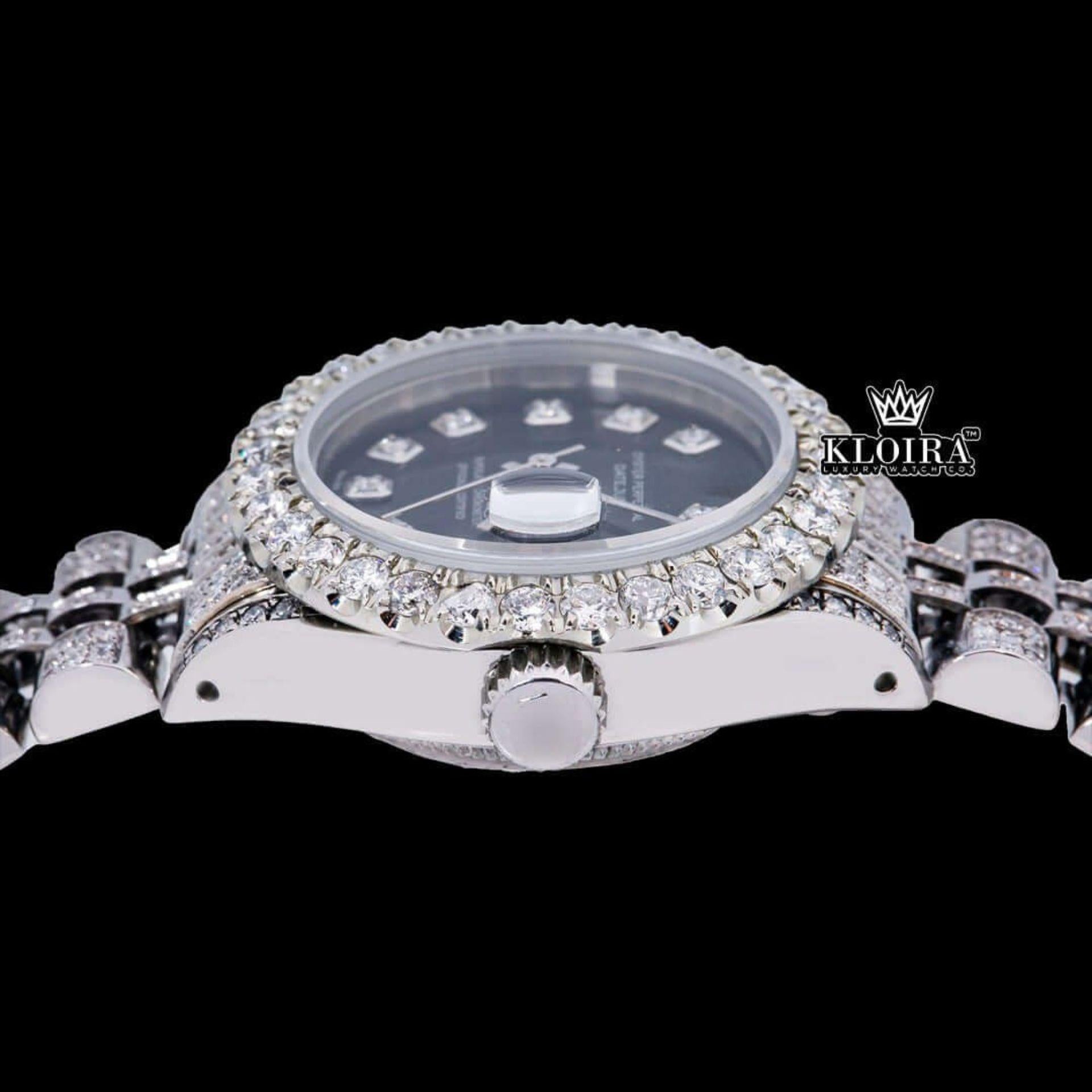 Black Dial Date Display Fully Iced Out Moissanite Diamond Watch Crown View