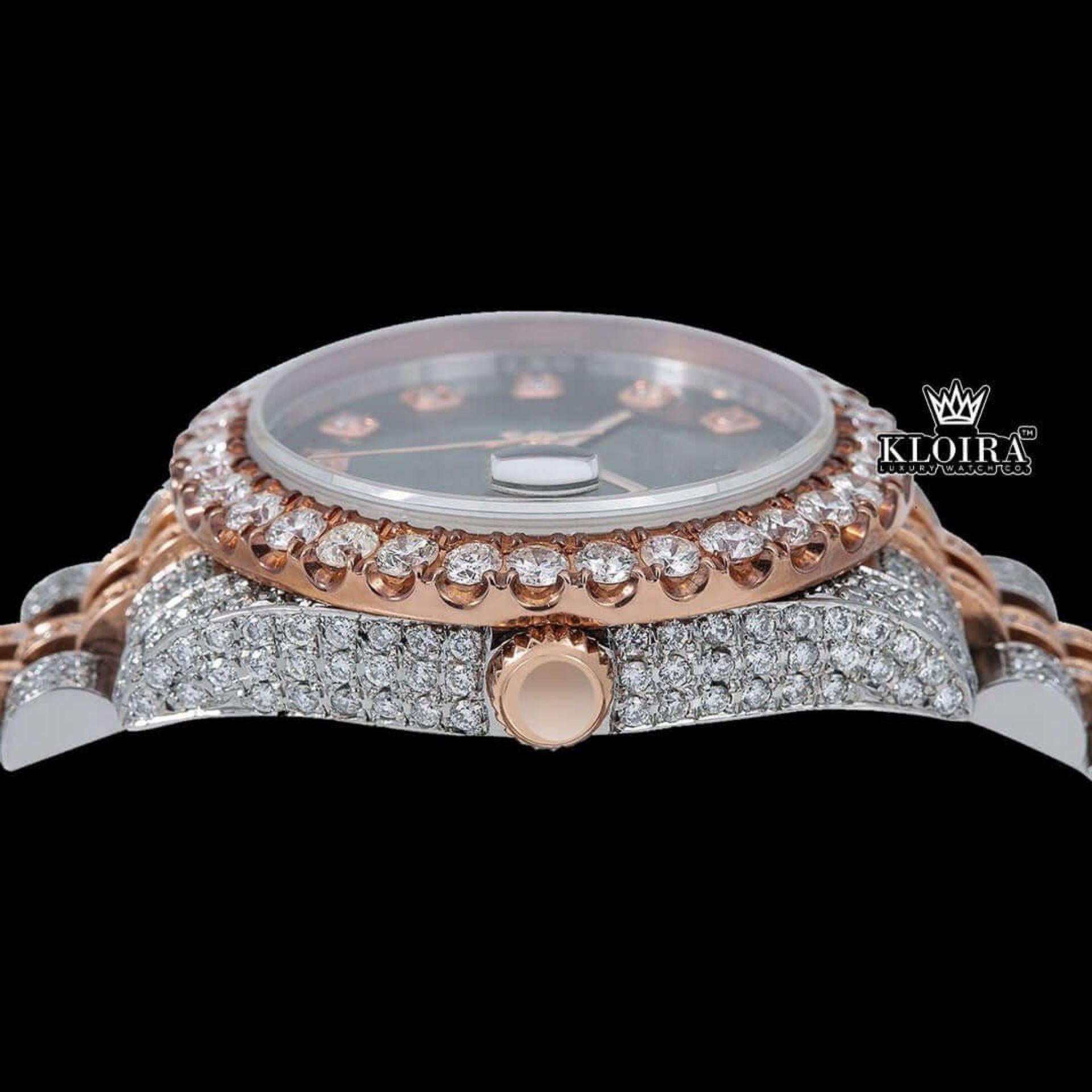 Black Dial Diamond Markers Two Tone Classic Link Strap Moissanite Watch Crown View