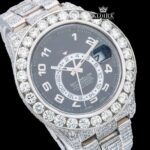 Black Dial Dual Time Sky Full Iced Out Moissanite Diamond Watch Close Up Dial View