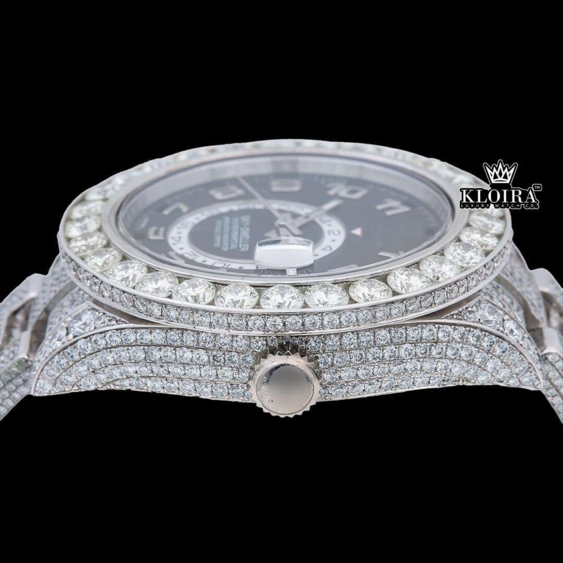 Black Dial Dual Time Sky Full Iced Out Moissanite Diamond Watch Crown View