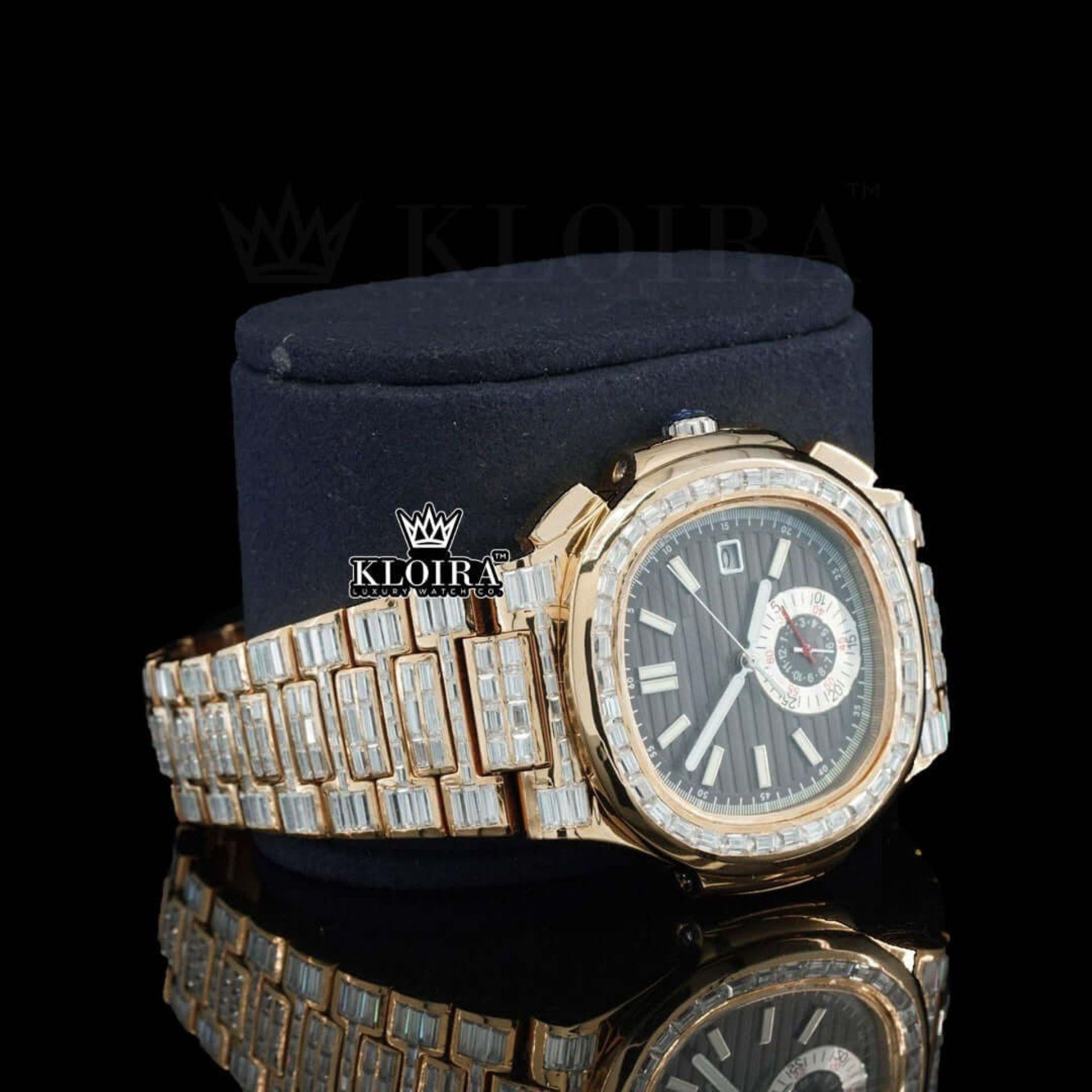 Black Dial Fully Iced Out Baguette Strap Lab Grown Diamond Watch Right Profile View