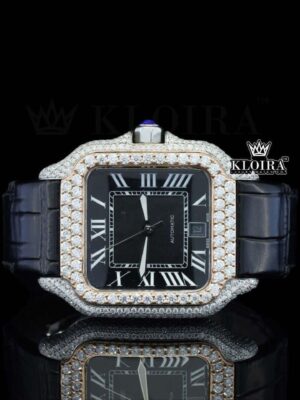 Black Dial Roman Numerals Black Leather Strap Moissanite Diamond Watch