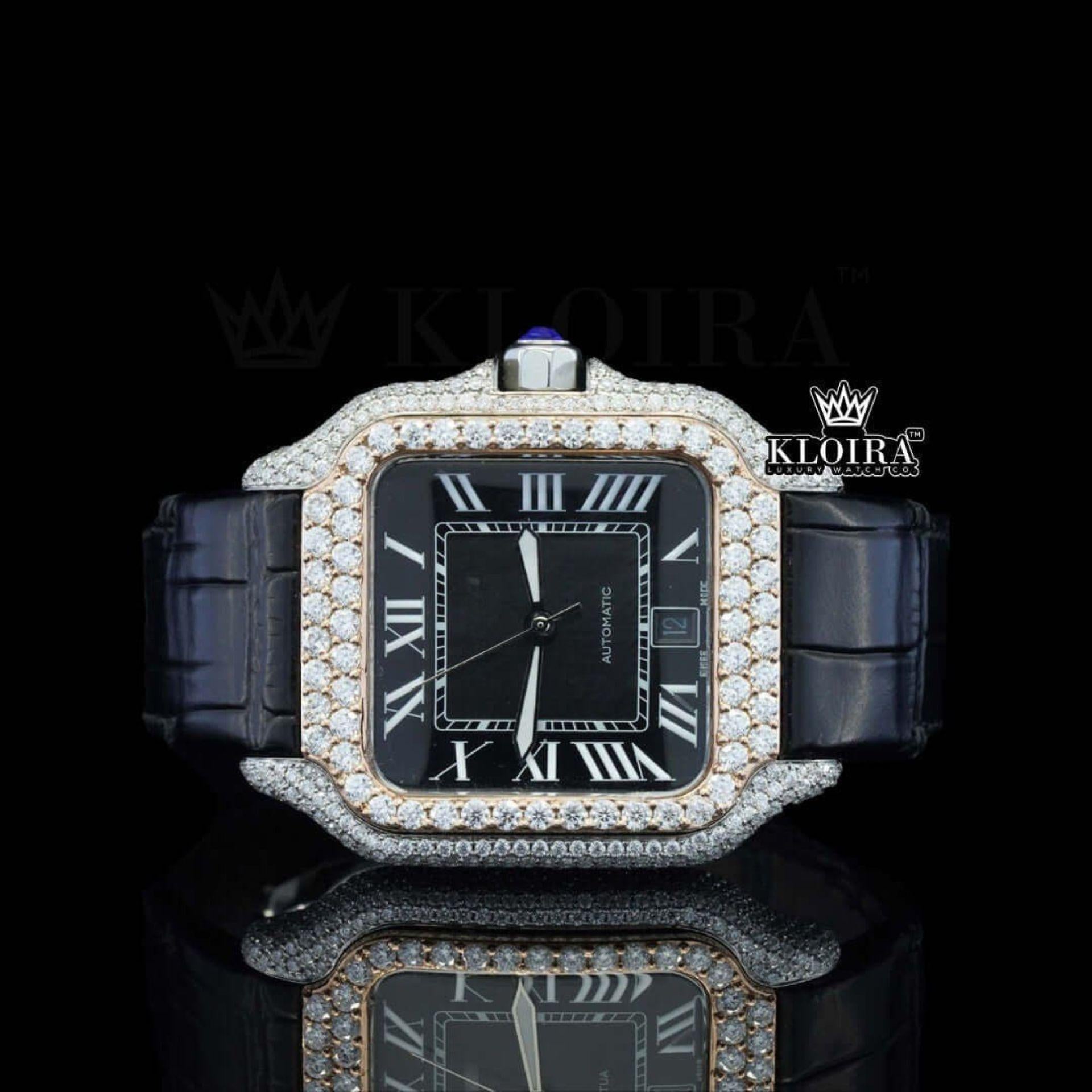 Black Dial Roman Numerals Black Leather Strap Moissanite Diamond Watch Front View