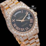 Black Dial Roman Numerals Diamond Link Strap Rose Gold Moissanite Watch Close Up Dial View