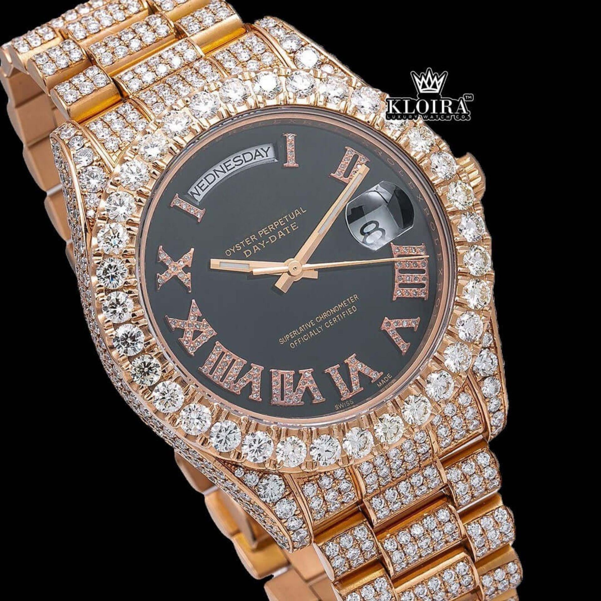 Black Dial Roman Numerals Diamond Link Strap Rose Gold Moissanite Watch Close Up Dial View