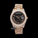 Black Dial Roman Numerals Diamond Link Strap Rose Gold Moissanite Watch