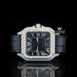 Black Dial Roman Numerals Leather Strap Moissanite Diamond Watch