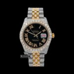 Black Dial Roman Numerals Two Tone Yellow Gold Iced Out Moissanite Watch
