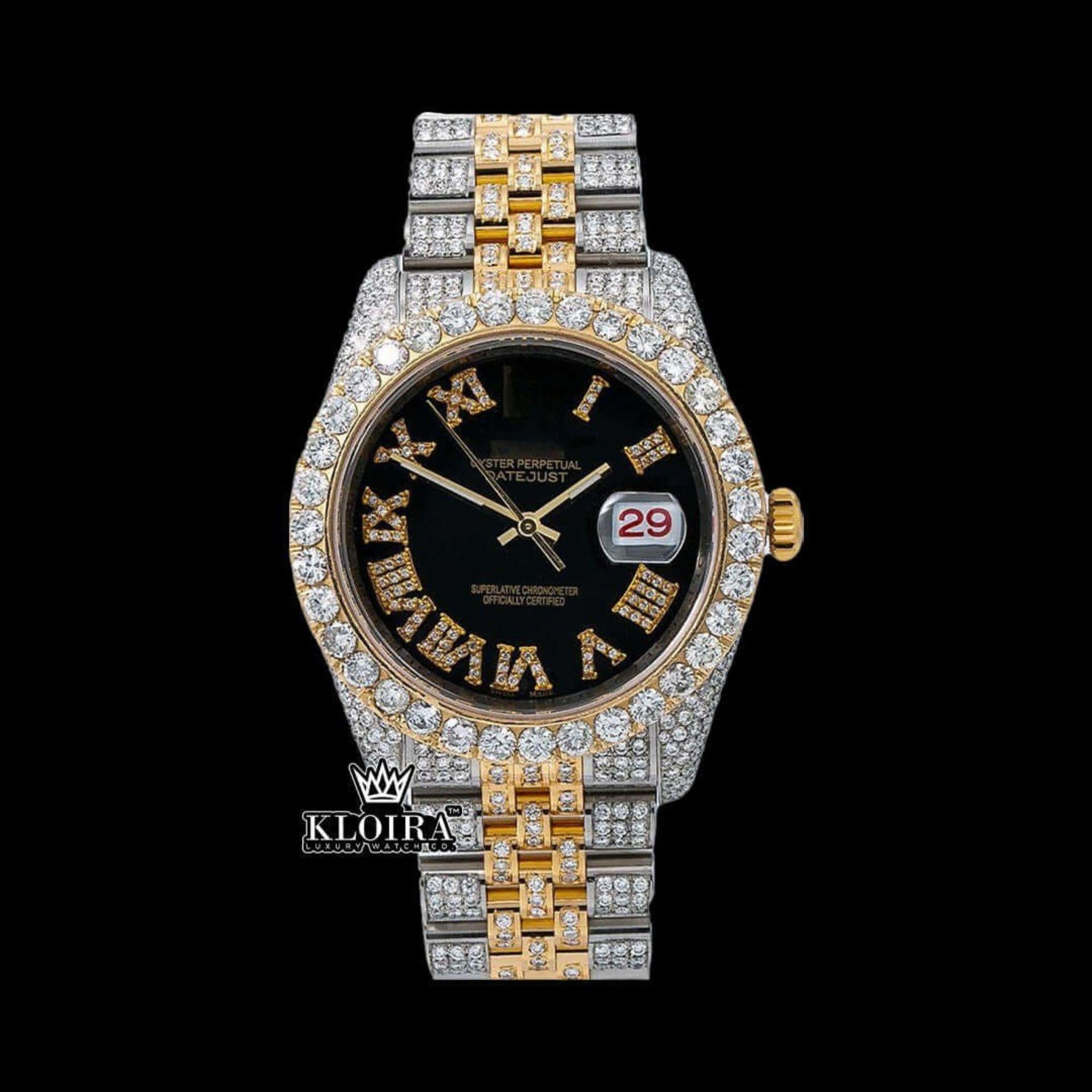 Black Dial Roman Numerals Two Tone Yellow Gold Iced Out Moissanite Watch Front View