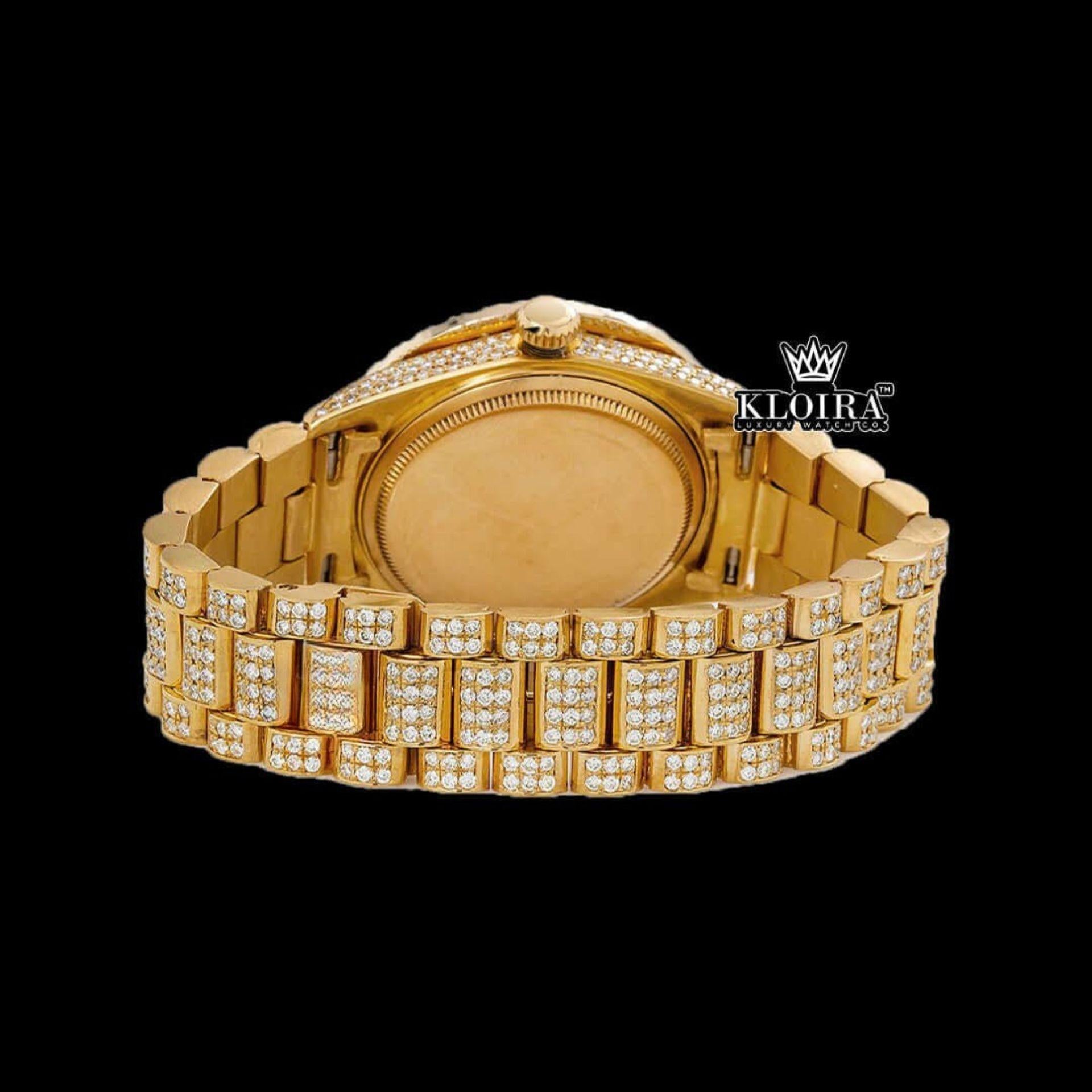 Black Dial Roman Numerals Yellow Gold Diamond Link Strap Moissanite Watch Caseback View