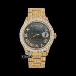 Black Dial Roman Numerals Yellow Gold Diamond Link Strap Moissanite Watch