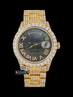 Black Dial Roman Numerals Yellow Gold Diamond Link Strap Moissanite Watch