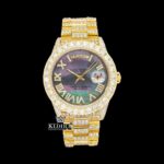 Black Dial Roman Numerals Yellow Gold Moissanite Diamond Watch