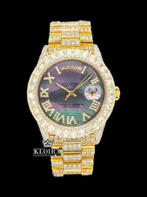 Black Dial Roman Numerals Yellow Gold Moissanite Diamond Watch