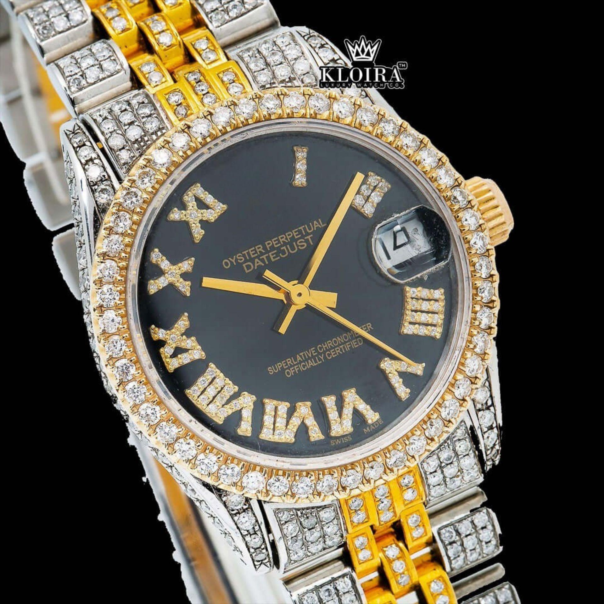 Black Dial Yellow Roman Numerals Iced Out Moissanite Diamond Watch Close Up Dial View