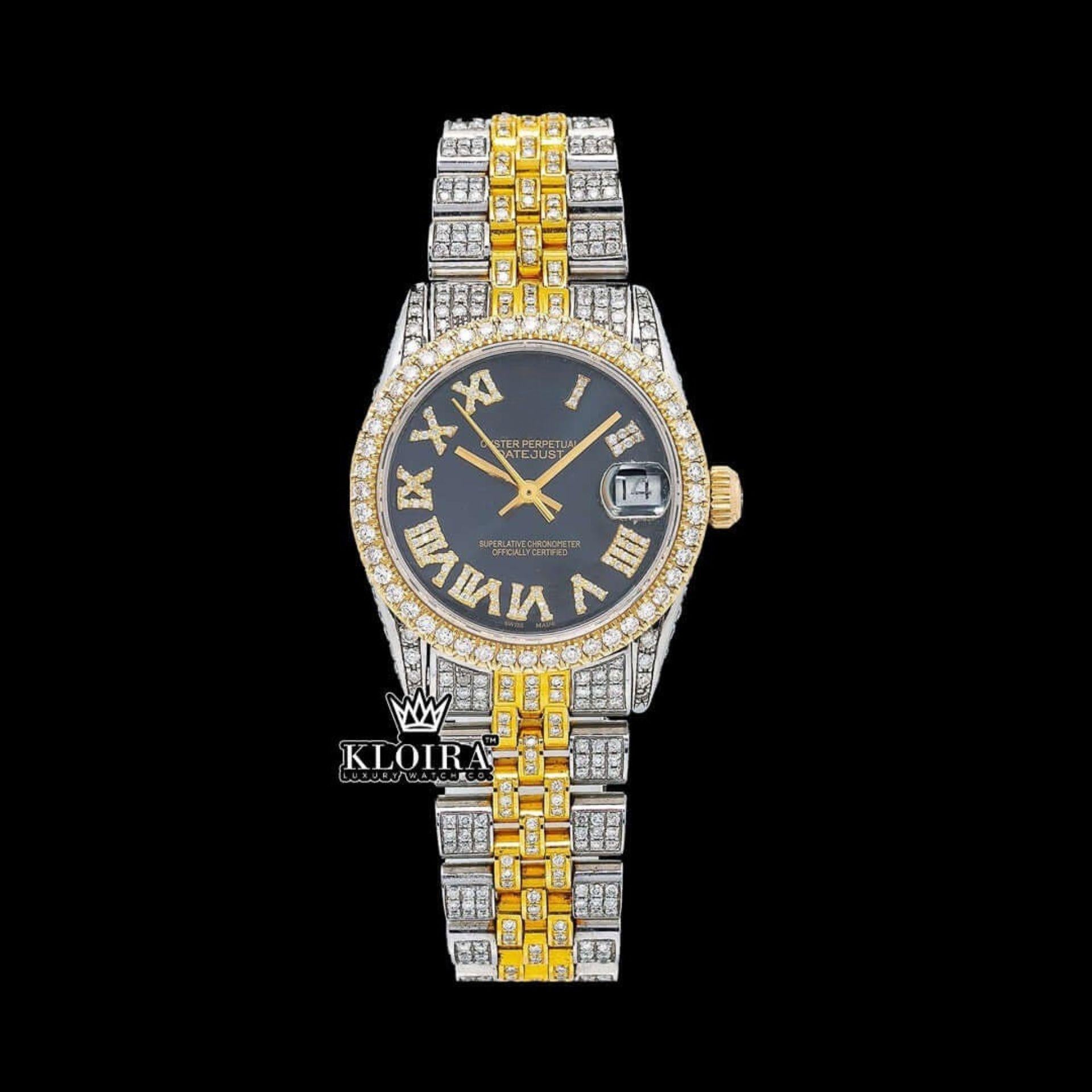 Black Dial Yellow Roman Numerals Iced Out Moissanite Diamond Watch Front View