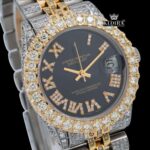 Black Dial Yellow Roman Numerals Two Tone Iced Out Moissanite Diamond Watch Close Up Dial View