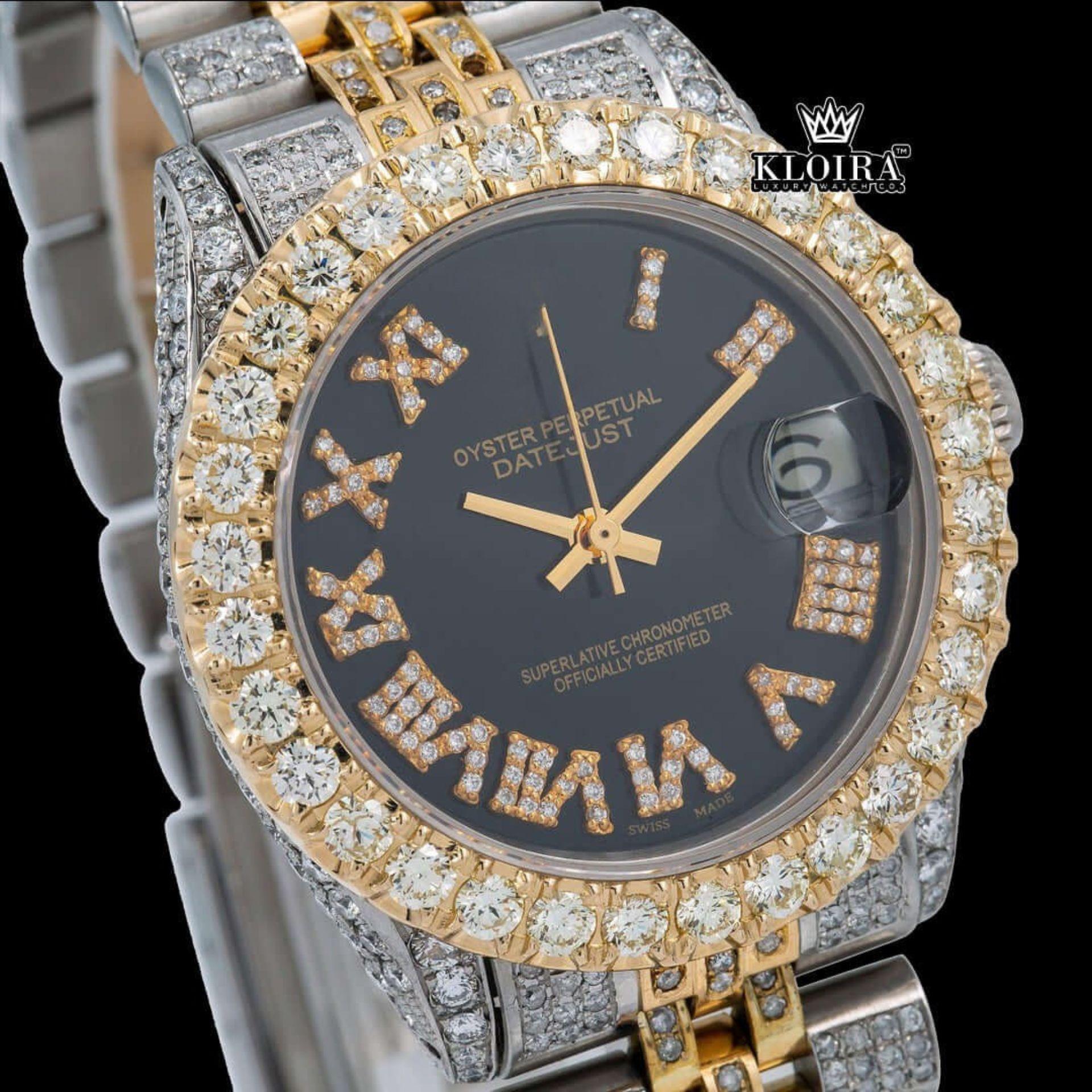 Black Dial Yellow Roman Numerals Two Tone Iced Out Moissanite Diamond Watch Close Up Dial View