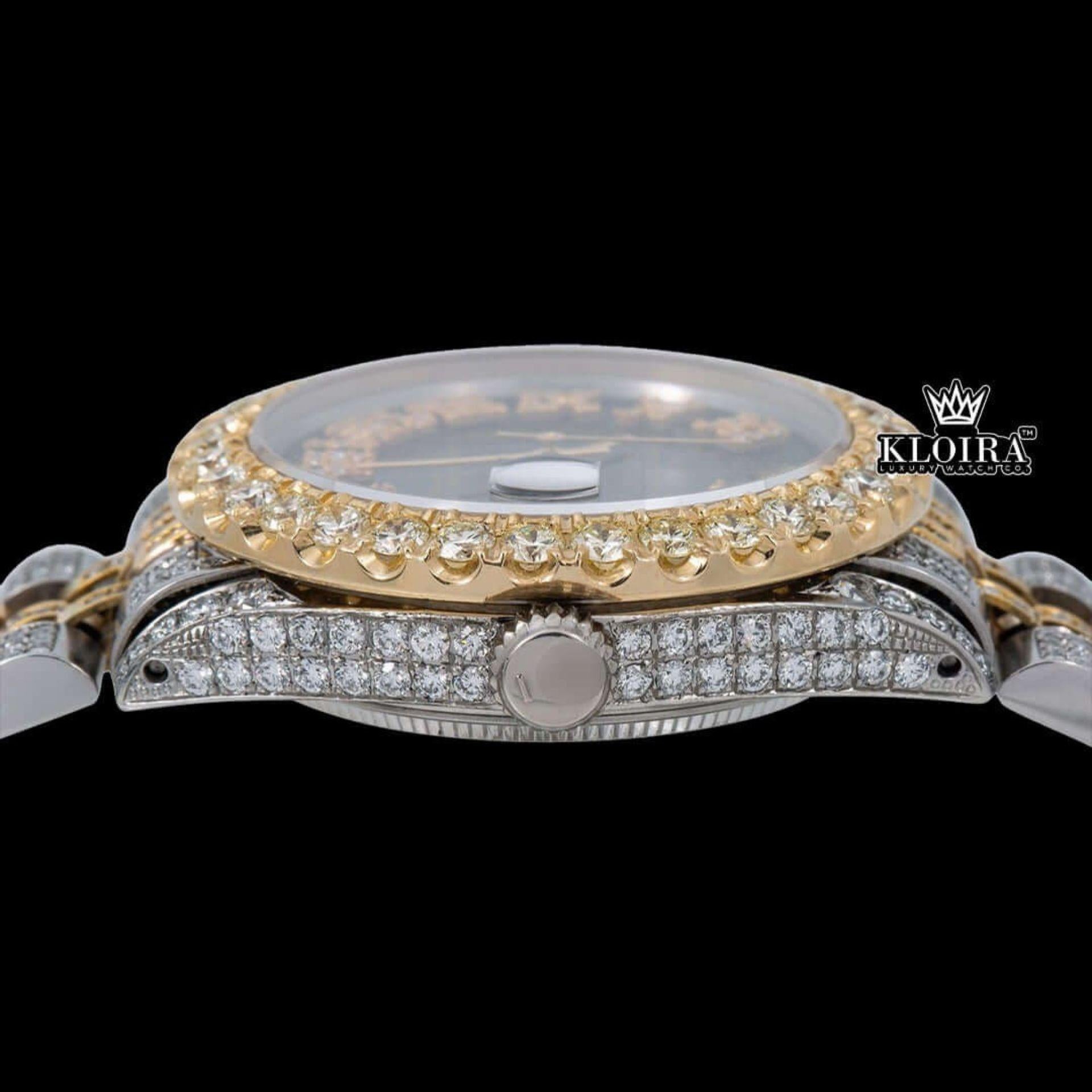 Black Dial Yellow Roman Numerals Two Tone Iced Out Moissanite Diamond Watch Crown View