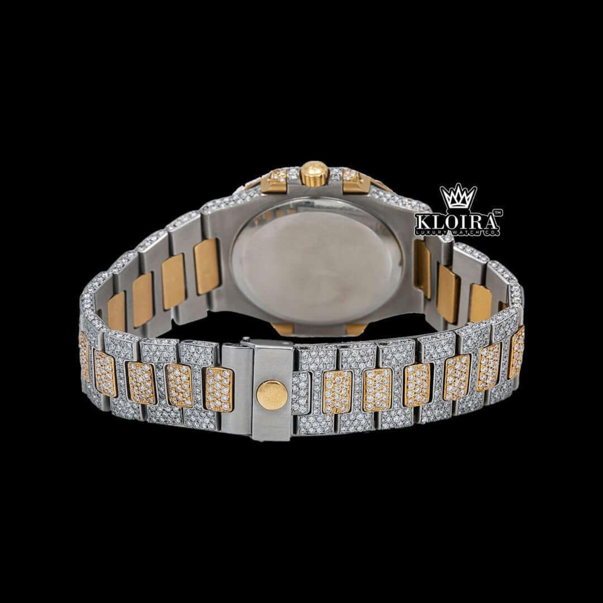 Black Dial Yellow Stick Markers Iced Out Two Tone Moissanite Diamond Watch Caseback View