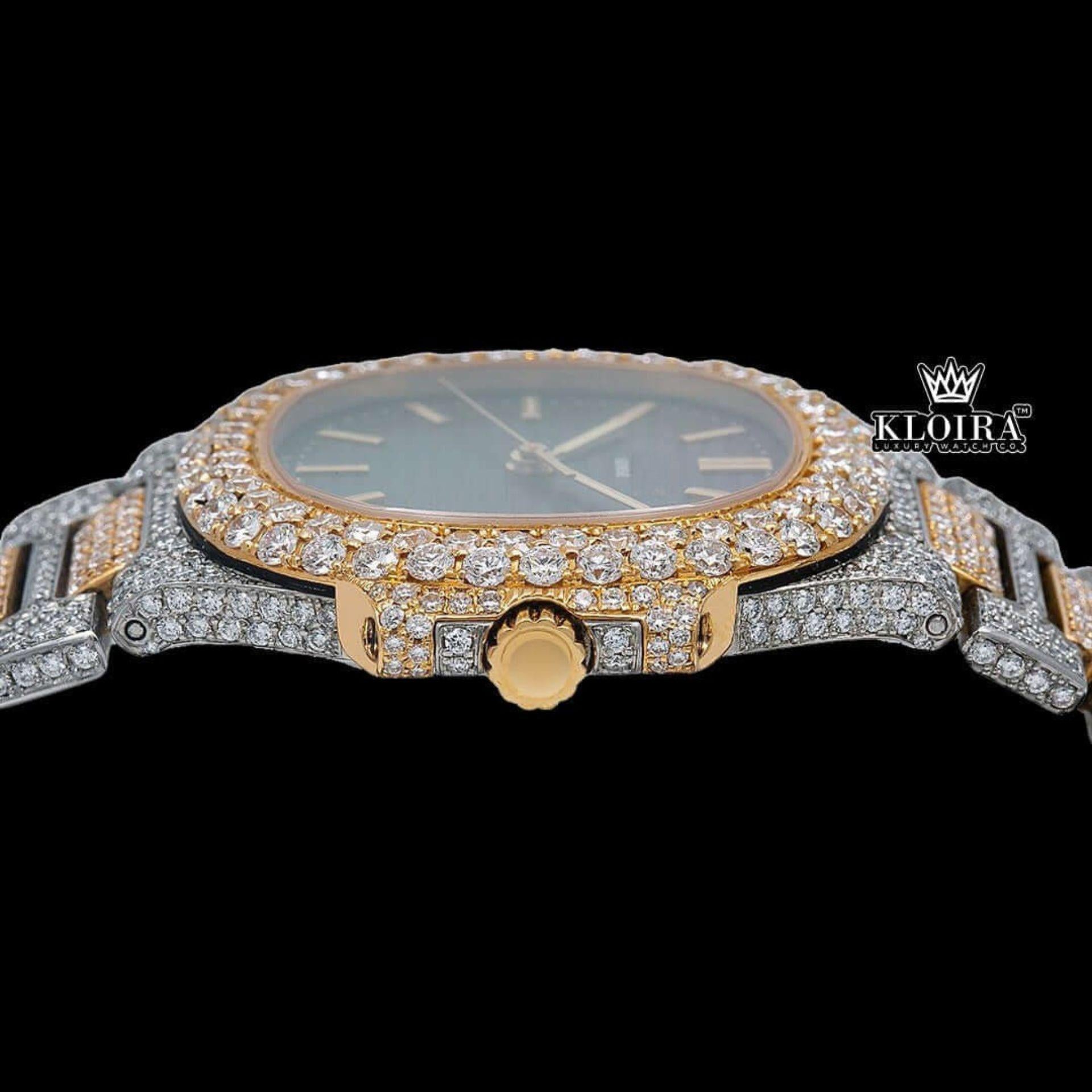 Black Dial Yellow Stick Markers Iced Out Two Tone Moissanite Diamond Watch Crown View