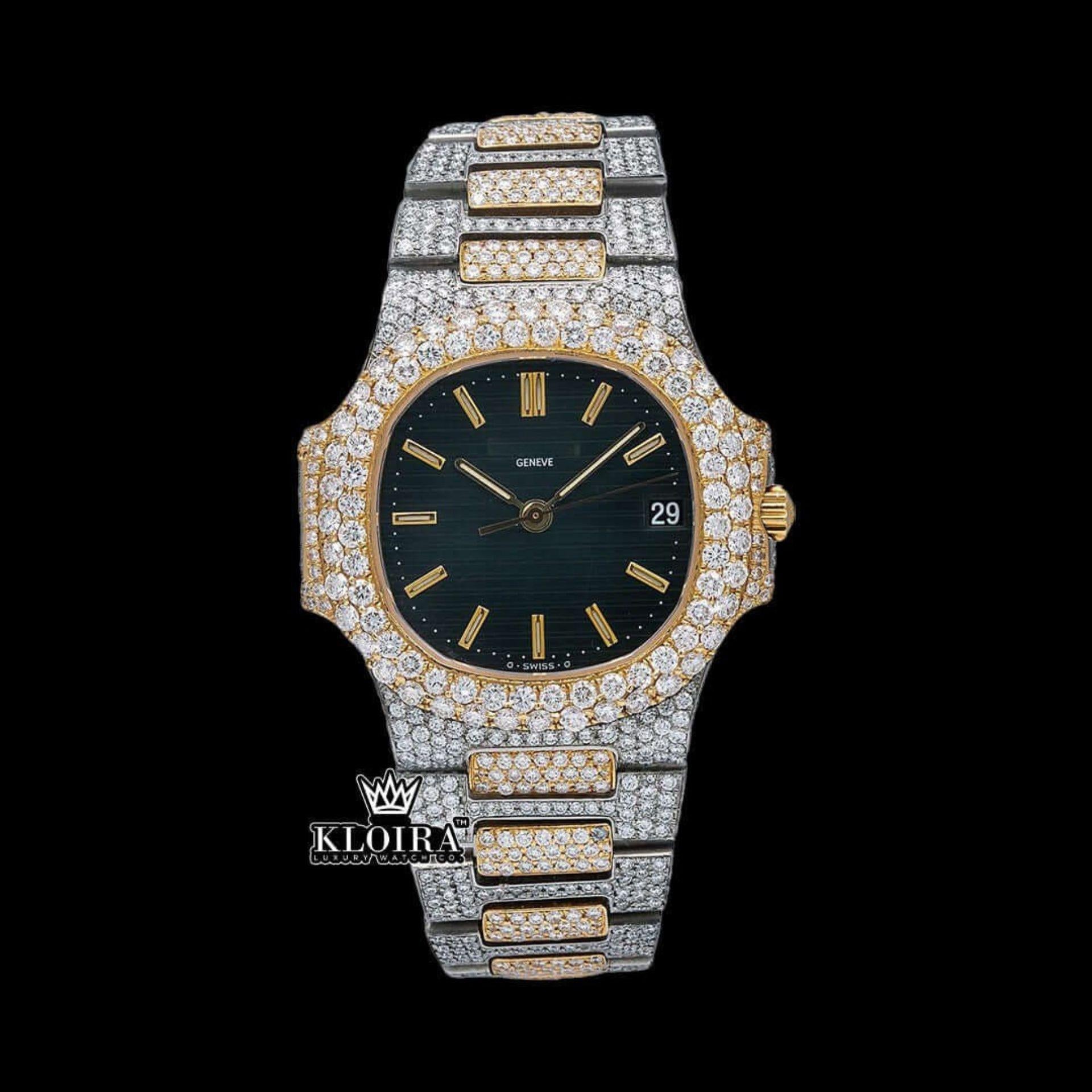 Black Dial Yellow Stick Markers Iced Out Two Tone Moissanite Diamond Watch Front View