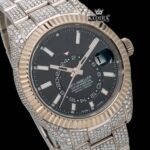 Black Dual Time Dial Stick Markers Two Tone Moissanite Watch Close Up Dial View