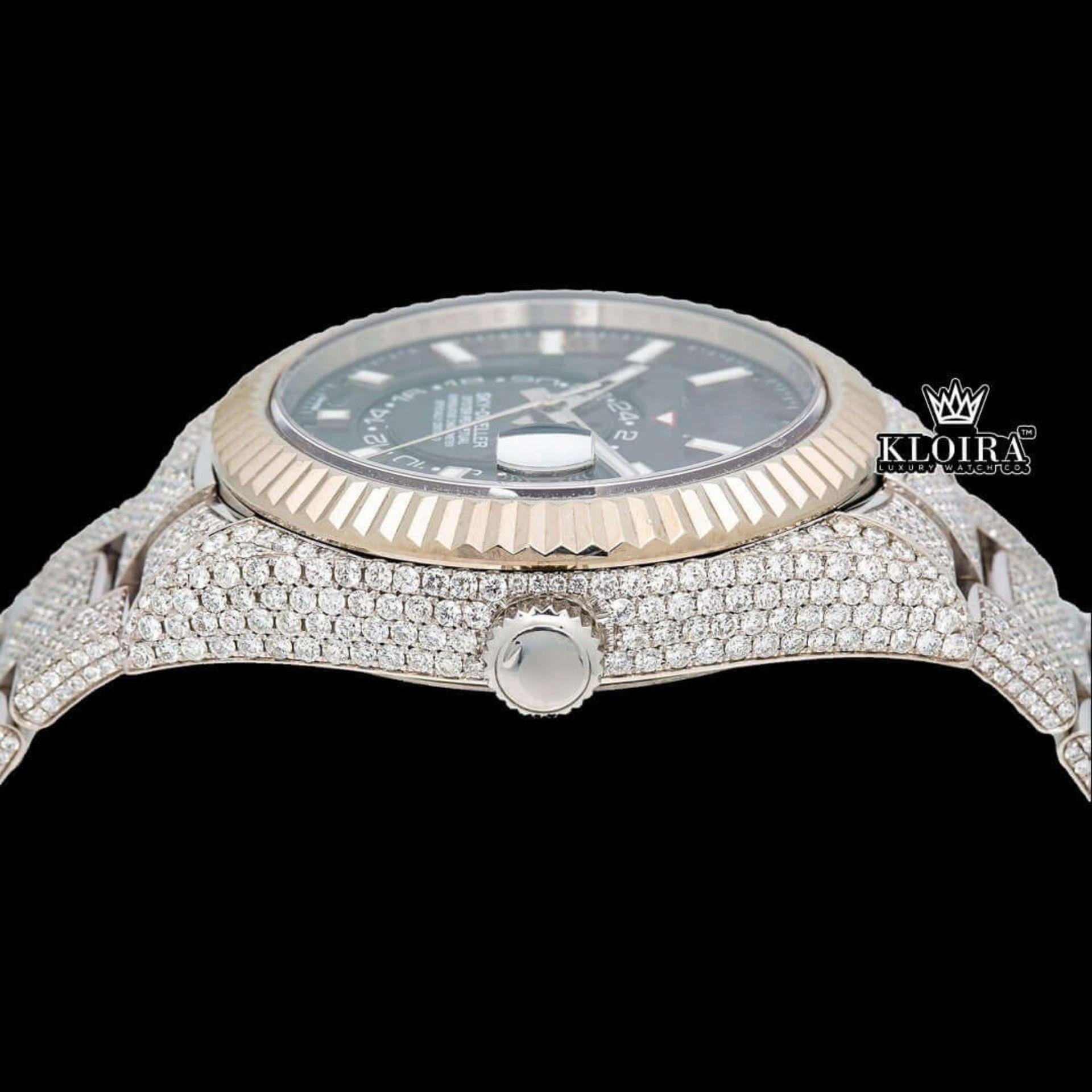 Black Dual Time Dial Stick Markers Two Tone Moissanite Watch Crown View