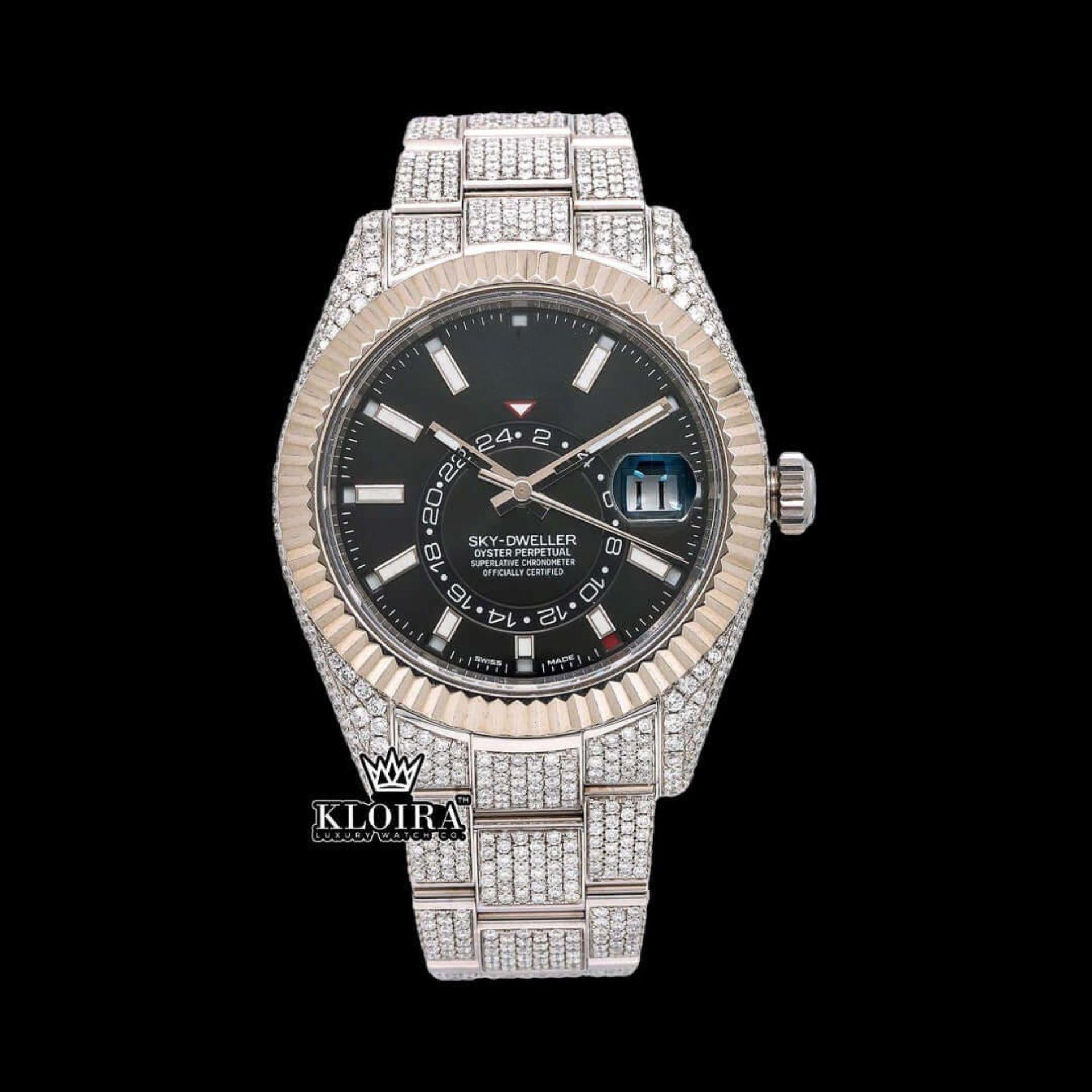 Black Dual Time Dial Stick Markers Two Tone Moissanite Watch Front View